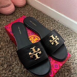 Tory Burch Black Slides with Gold Logo